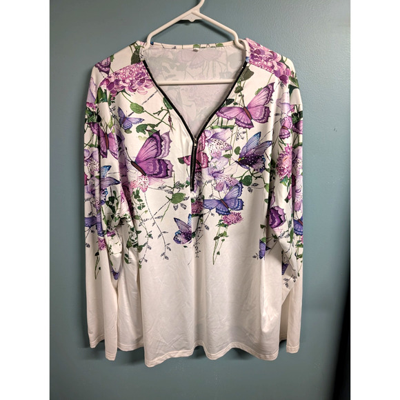 5XL Women's White Zip Up Butterfly Top Purple White - Picture 1 of 3